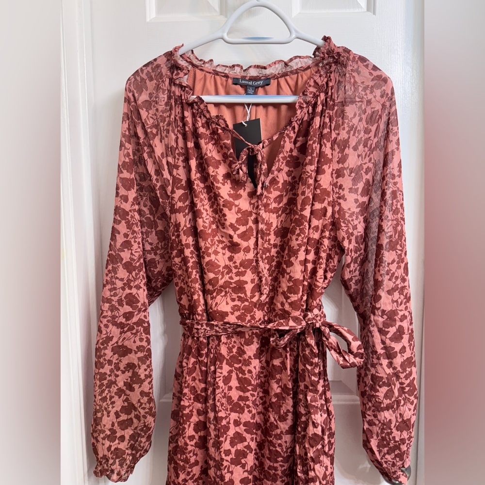 NEW! Laurel Grey Ruffle Neck Floral Tiered Rust Dress, New with tags, Size Large
